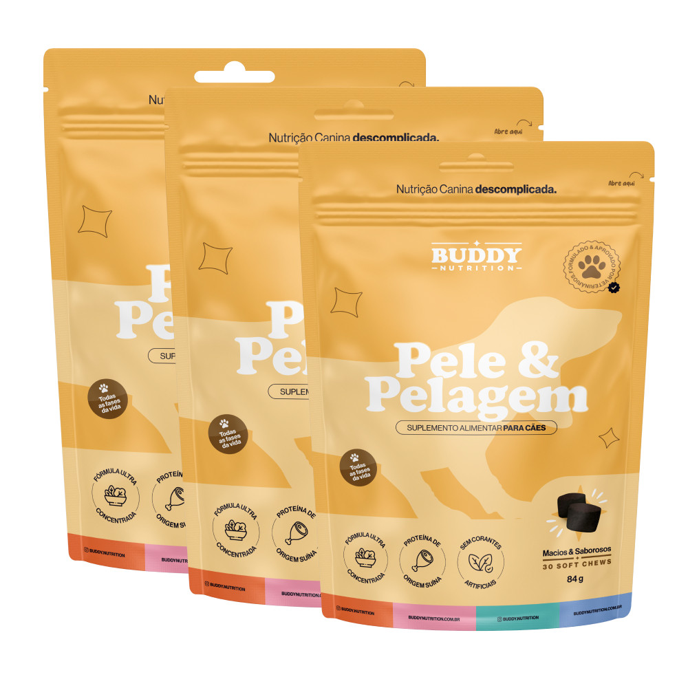 Kit 3x Pouch Pele & Pelagem - 30 Soft Chews - Suplemento Alimentar Para Cães - Buddy Nutrition
