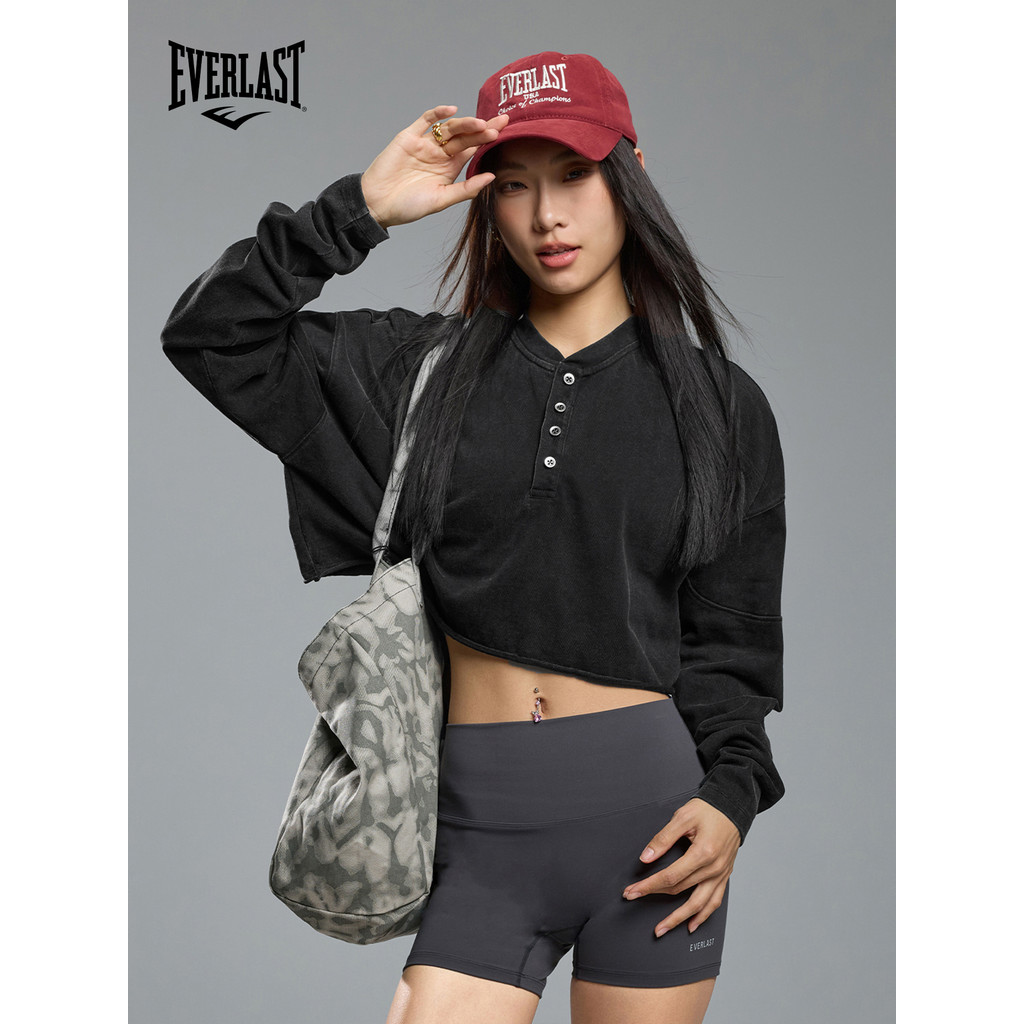 Americano EVERLAST Boxe Training Suit Heavy Wash Curto Esportes Top Feminino Henry Collar Manga Longa Camiseta Primavera