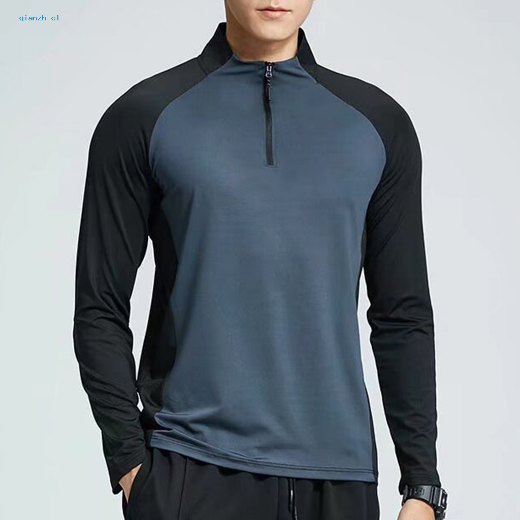 Men's Summer Sports T-shirt Half Zipper Stand Collar Long Sleeve Breathable Running Fitness Training Shirt Casual Loose