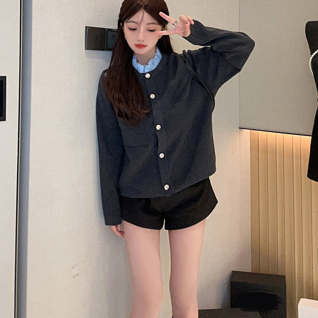 1AJA 25Autumn and winter French-style retro ruffled detachable collar wool knit cardigan sweater jacket for women