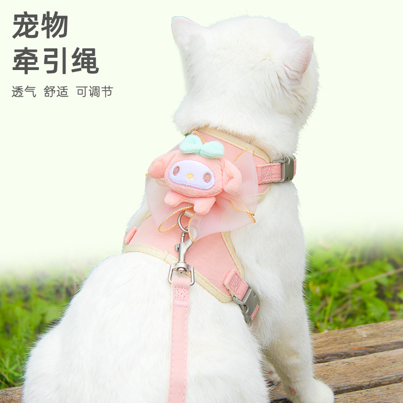 Coleira para gatos com alça peitoral Anti-quebra para cães pequenos Teddy Bichon Cute Melody Sanrio Dog Walking Chain