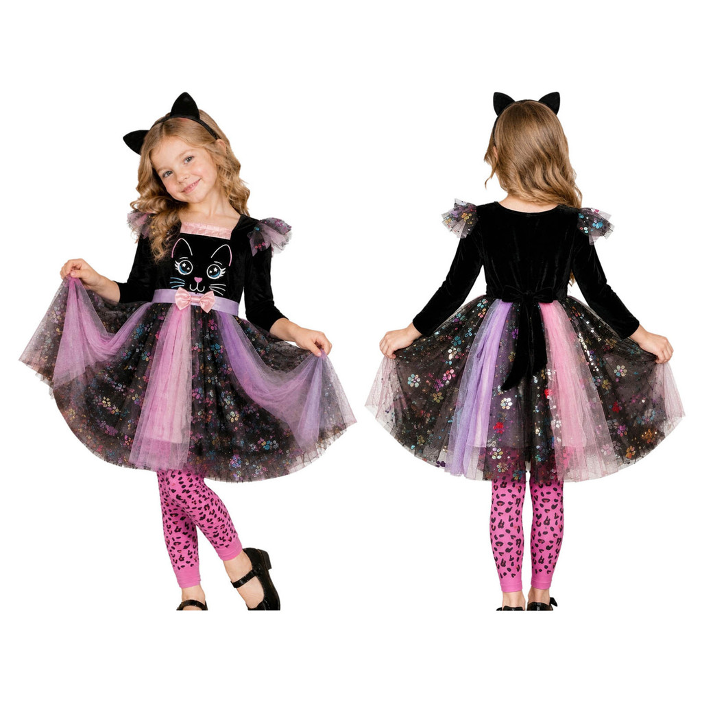 MSemis Kids Girls Cat Costume Gola Quadrada Manga Comprida Bowknot E Decoração De Cauda Falsa Vestido De Tule De Malha E