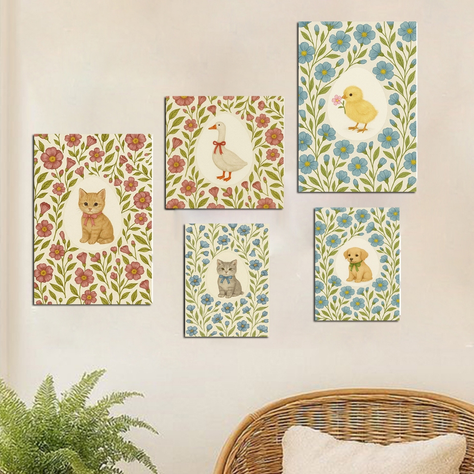 conjunto de quadros delicados animais flores cachorro cat gato pato com laço pintinho com flor - kit 5 placas MDF