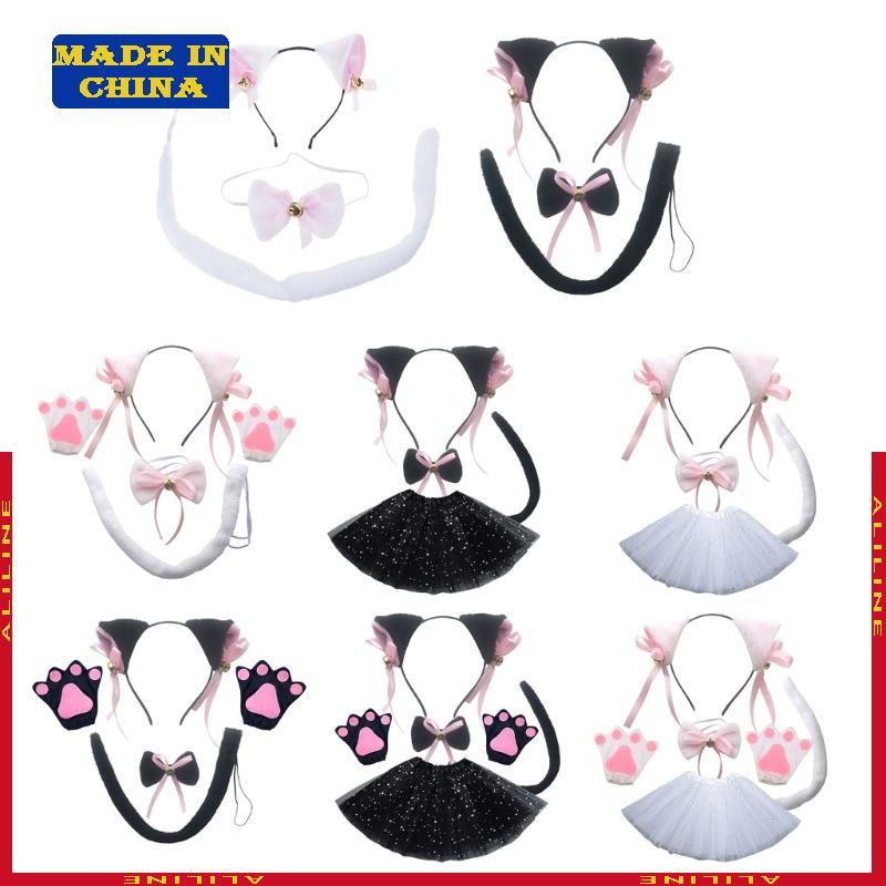 Lady Cats-Maid Roleplay Outfit Headbands Bowknot Collar Gargantilhas Patas Cauda Festa Halloween D