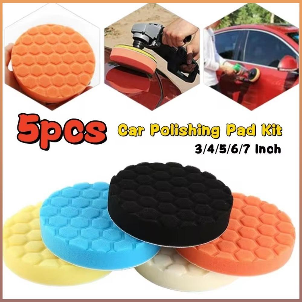 5 Pçs/Set Esponja De Cera De Polimento Automático , Kit De Almofada De Carro Reutilizável Circular , Autoadesivo