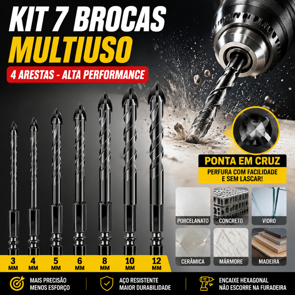 7Pcs Multi-Purpose Tile Drill Bit Set 3-12mm - 4-Edge Hex Cross For Concrete Porcelain Glass Ceramic Hardware Kit