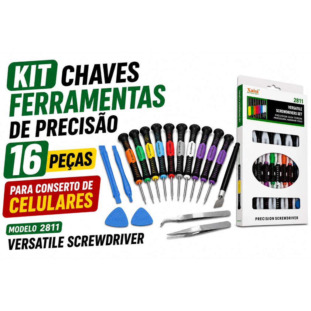 Kit Chaves Ferramentas de Precisão 16 Peças para Conserto de Celulares – Modelo 2811 Versatile Screwdriver