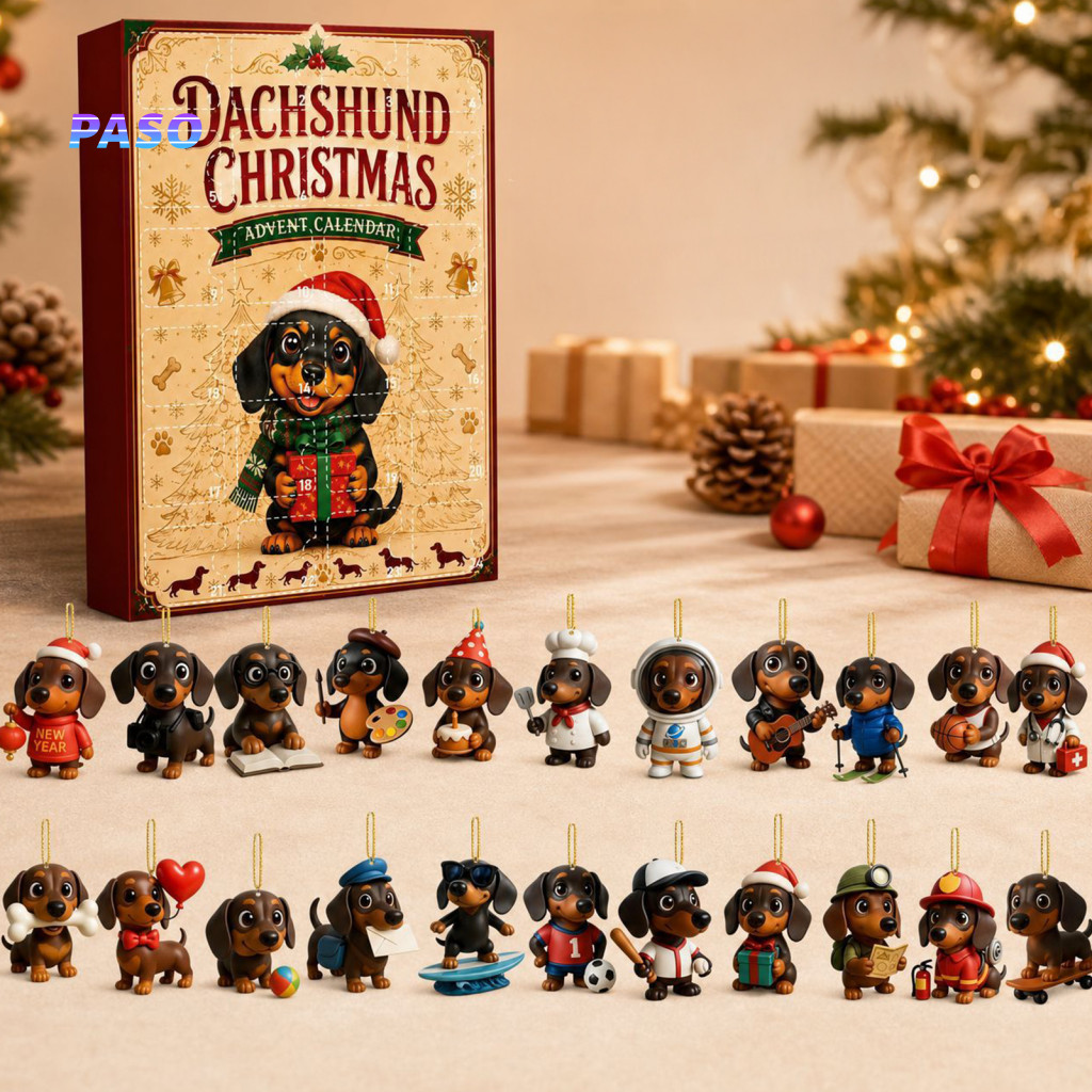 Dachshund Advent Calendar Unique Puppy Pendant Set 2026 Christmas Ornament – 24 Mini Dog Figures Countdown Hanging Dec