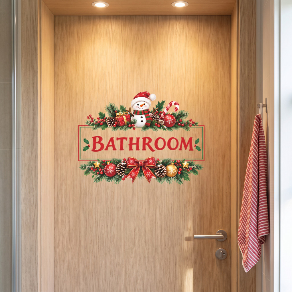Christmas Wall Decals Holiday Bathroom Decor Door Sticker Waterproof Pvc Decal with Wreath and Snowman Design Removable