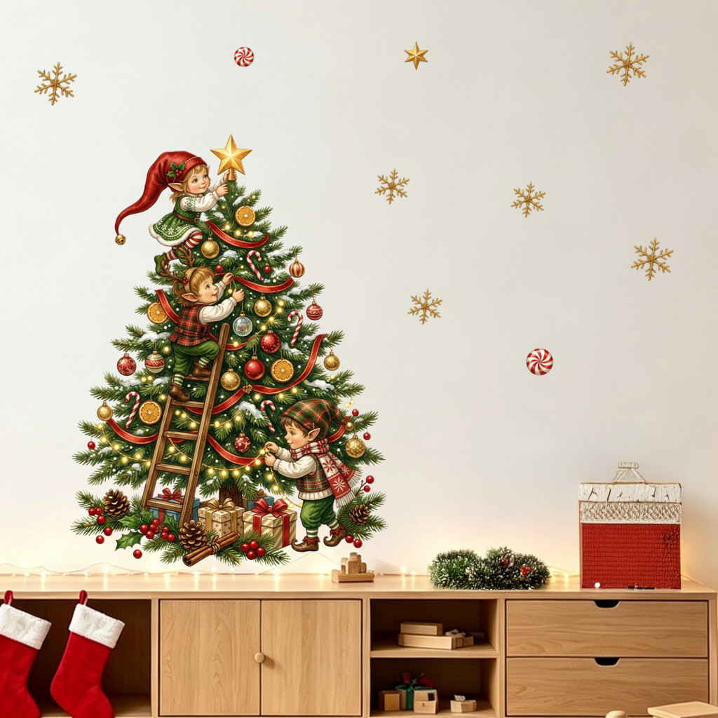 Christmas Wall Decals Retro Holiday Window Clings Tree Elf Stickers Waterproof Pvc Festive Decor for Windows Glass Doors