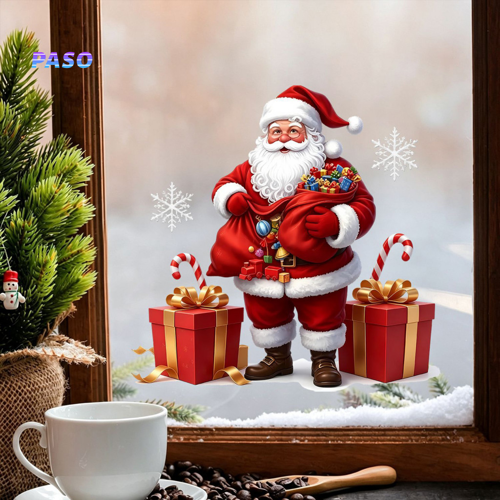 Seasonal Door Decorations Christmas Window Clings Reusable Waterproof Santa Claus Sticker Decal for Home Glass Doors and