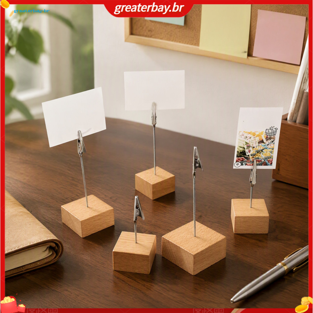 Wooden Cube Memo Clip Stand Solid Wood Square Base Note Receipt Holder Vertical Card Display for Office Wedding Party De