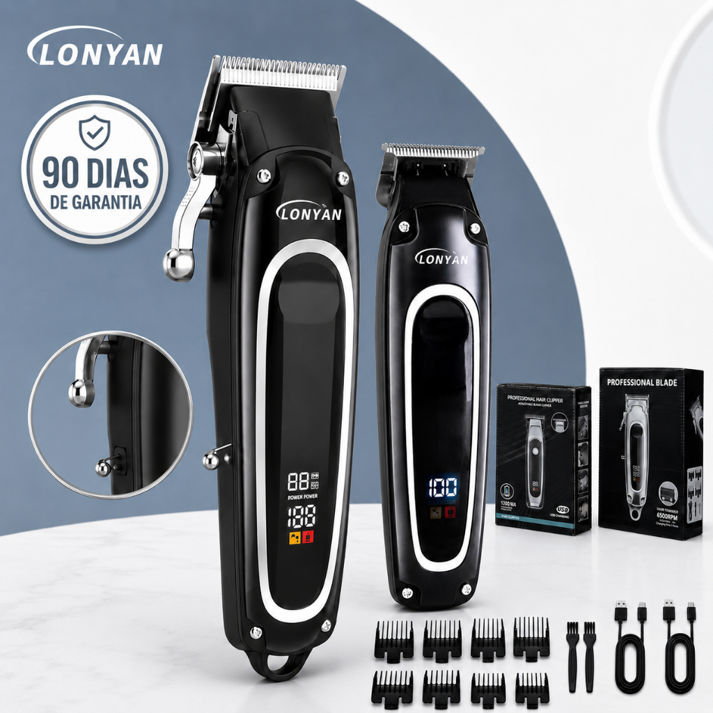 Máquina Cortar Cabelo Kit 2 em 1 LONYAN Sem Fio Bivolt 1200mAh Barba Pet Impermeável Silenciosa Recarregável