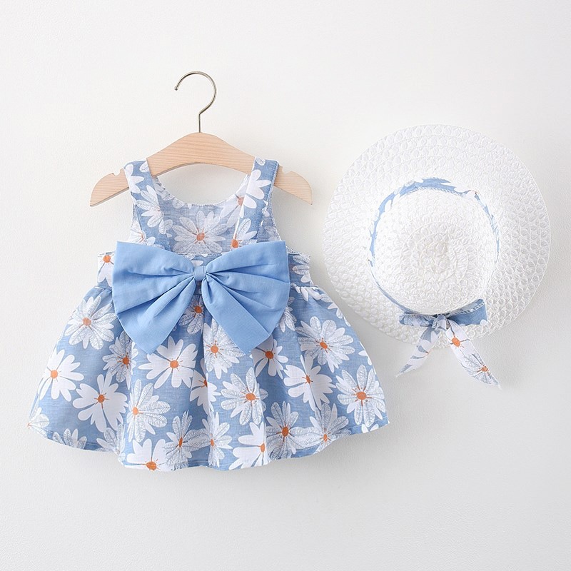 Summer new girl dress fashion baby small chrysanthemum hanging strap big bow princess party dress 0-3 years old 2M8Z
