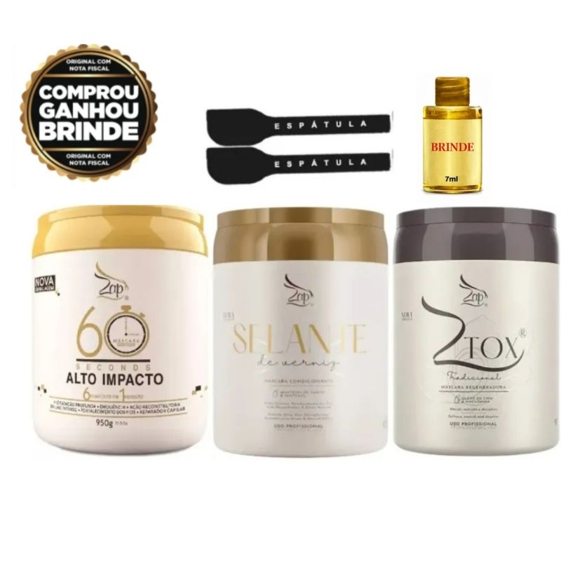 Máscara Capilar Zap 60 Seconds + Selante Verniz + Ztox Regeneradora 950g Profissional