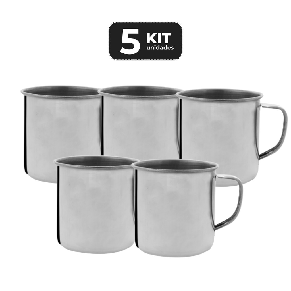 Kit 5 Caneca Inox com Alça 310 ml Profissional Restaurante Camping Bar Cozinha