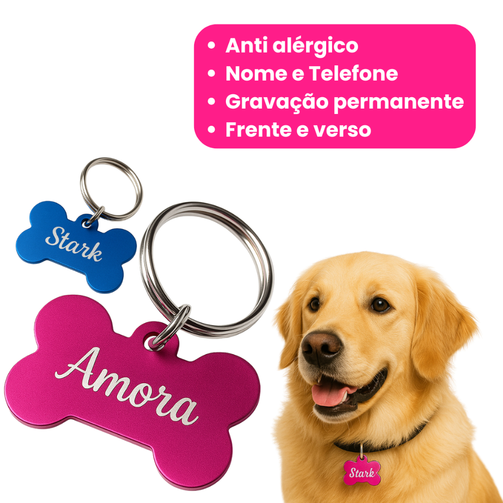 Plaquinha Personalizada de Identificação Pet Gato Cachorro Gravada A Laser Nome Telefone