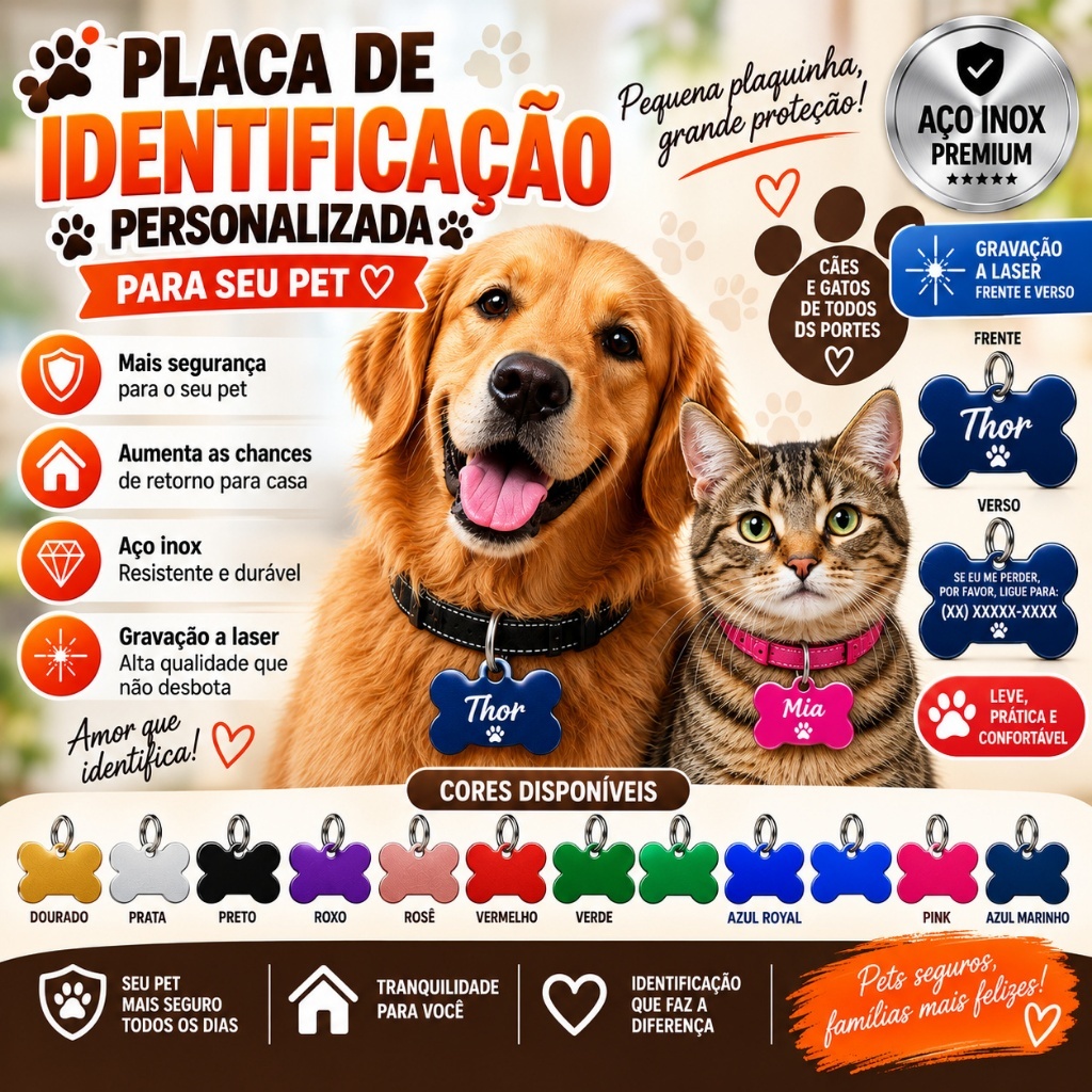 Placa de Identificação Pet Modelo: Osso - Gravação a Laser