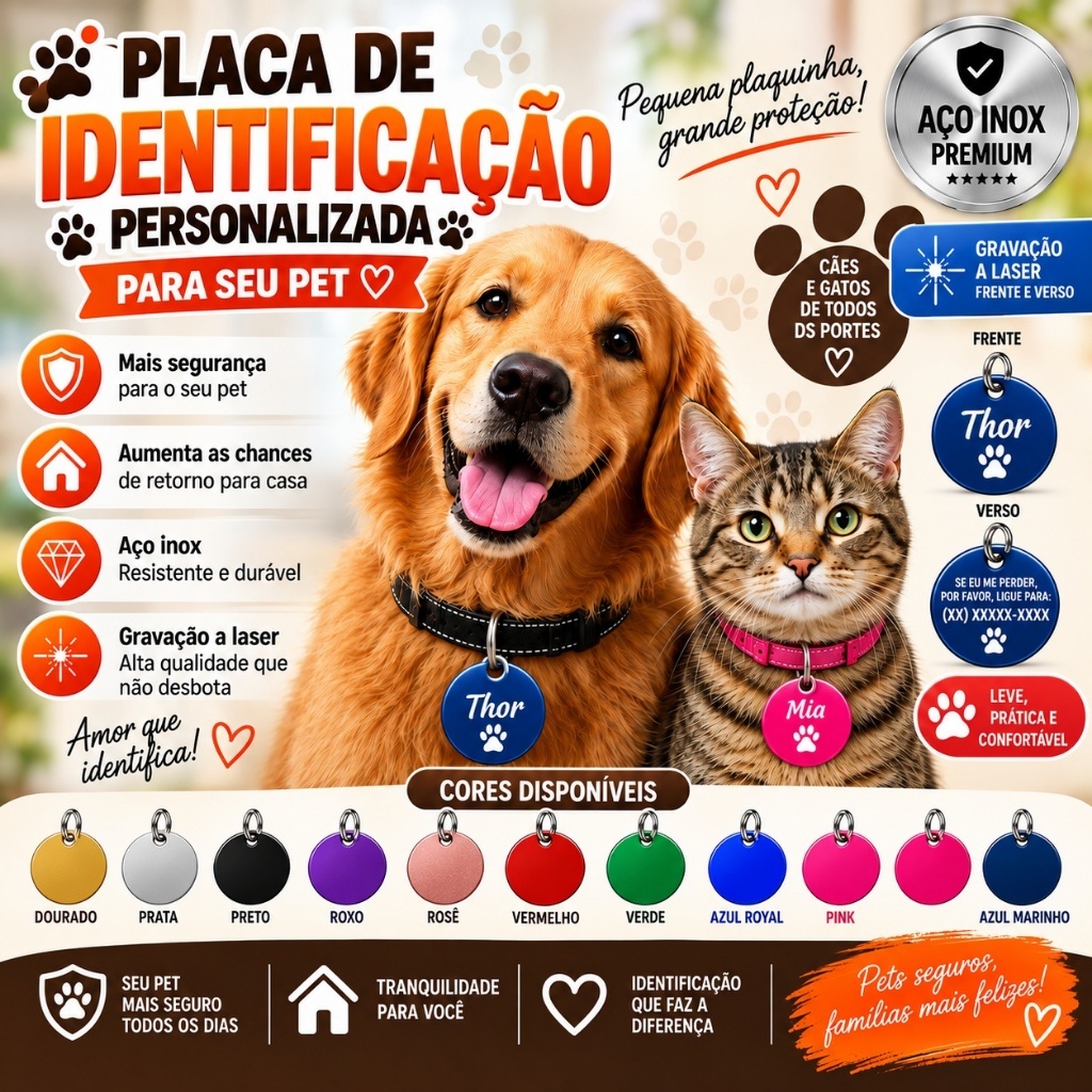 Placa de Identificação Pet Modelo: Circular - Gravação a Laser