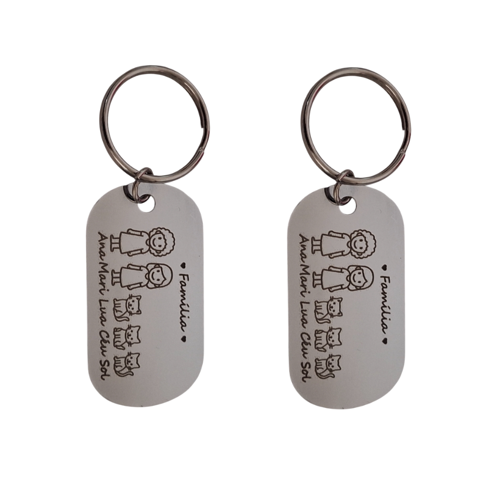 Kit 2 Chaveiros Personalizados Família e Pets – Aço Inox Gravado a Laser Presente Criativo