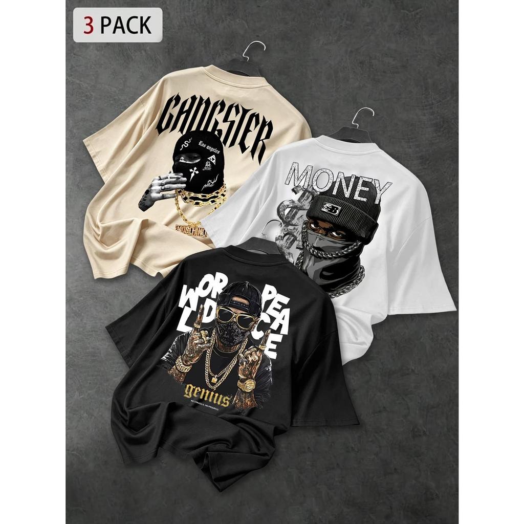 Kit 3 peças Camiseta Masculina Algodão Premium Adulto Plus Size Infantil Gangsters Bandidagem World peace Money talks