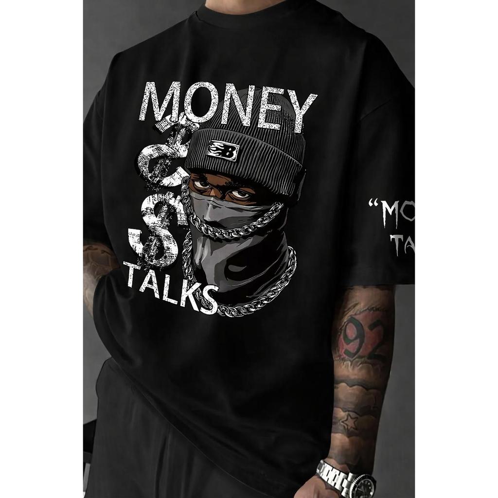 Camiseta Masculina Streetwear Algodão Penteado Infantil Adulto Plus Size Estampa Money Talks Gangster Frente Swag Over