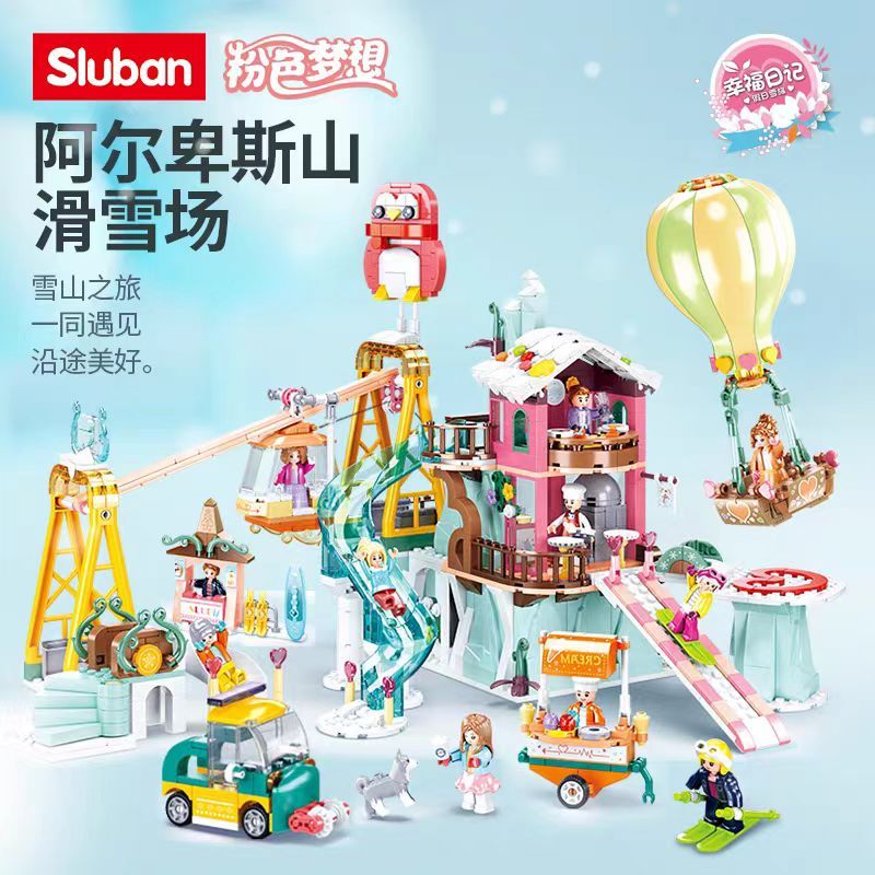 SLUBAN Blocos de construção de campo de esqui de inverno City Street View Villa House Assembly Toys