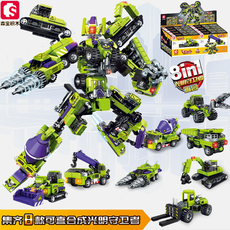Senbao City Life Engenharia Veículo 8 em 1 Brilhante Guardian Crane Mixer Truck Assembly Building Block Toys104000