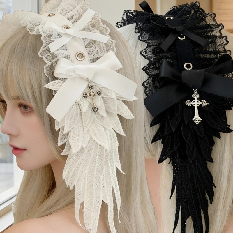 2-1Pc Lolita Lace Headband-Ruffle Fold Bow Headdress-Acessórios De Cabelo-Argola De Cabeça De Renda De Anjo-Envoltório C