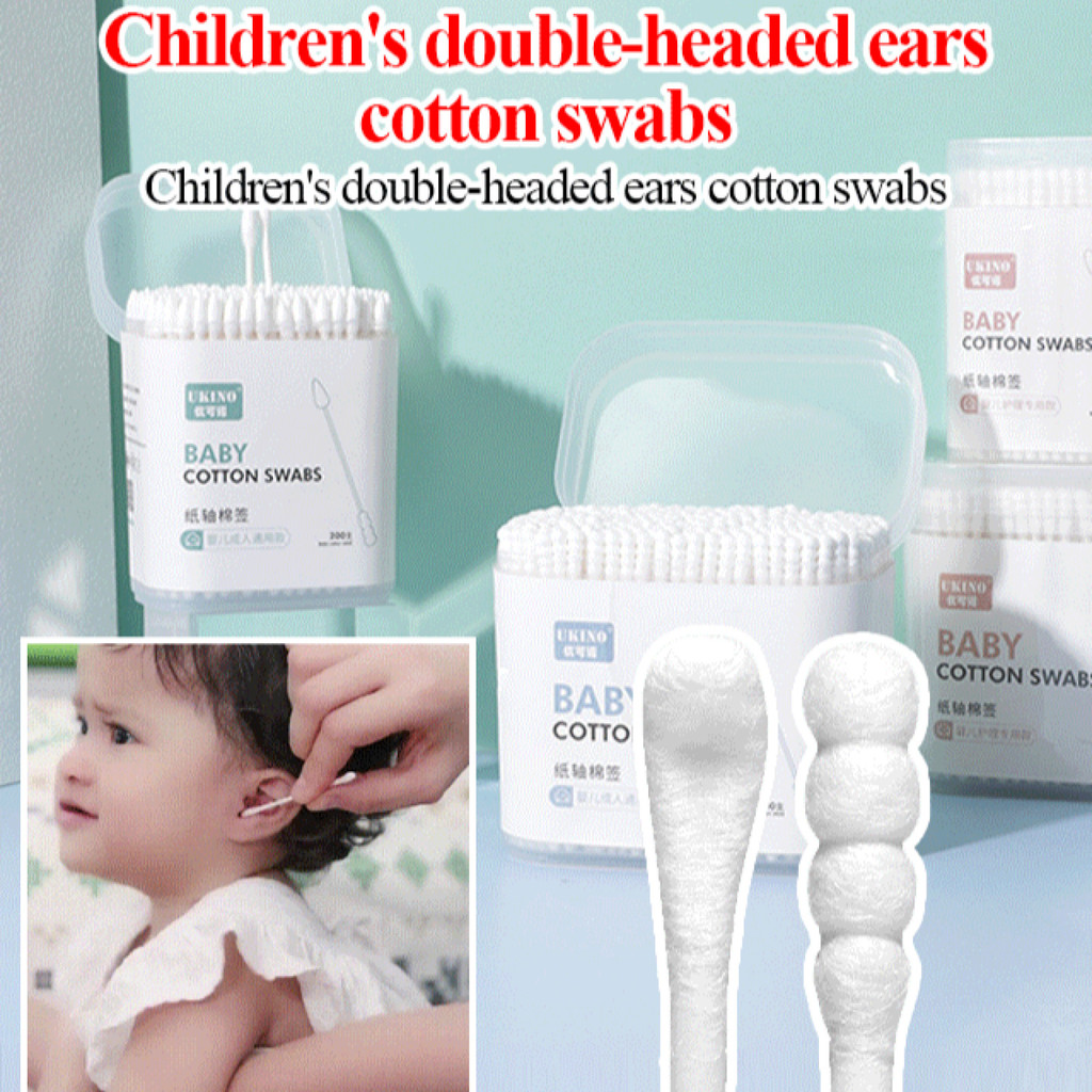 [Delicado e Suave] 200PCS Children’s double-headed ear picking cotton swabs Higiênico/Bebê/Cuidado