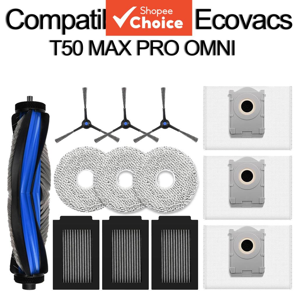 Compatível com Ecovacs T50 Max Pro Omni, rolo principal de borracha, escova lateral de borda, pano de esfregão de