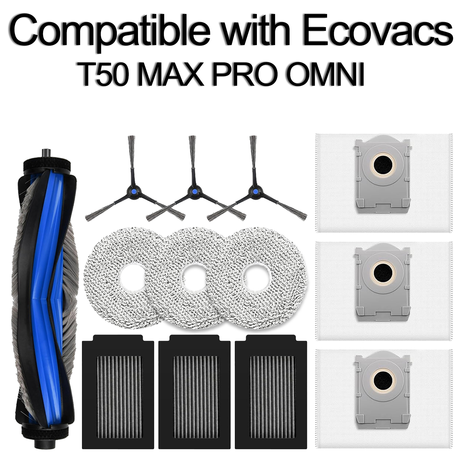 Gesen compatível com Ecovacs T50 Max Pro Omni, aspirador-esfregão robô; rolo principal de borracha, escova lateral de