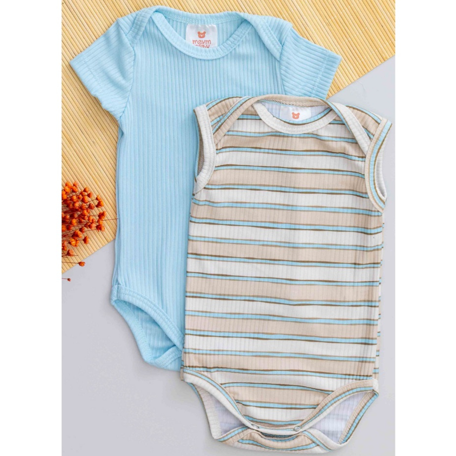 Kit Body Bebê Canelado Infantil Verão Masculino Azul e Listrado