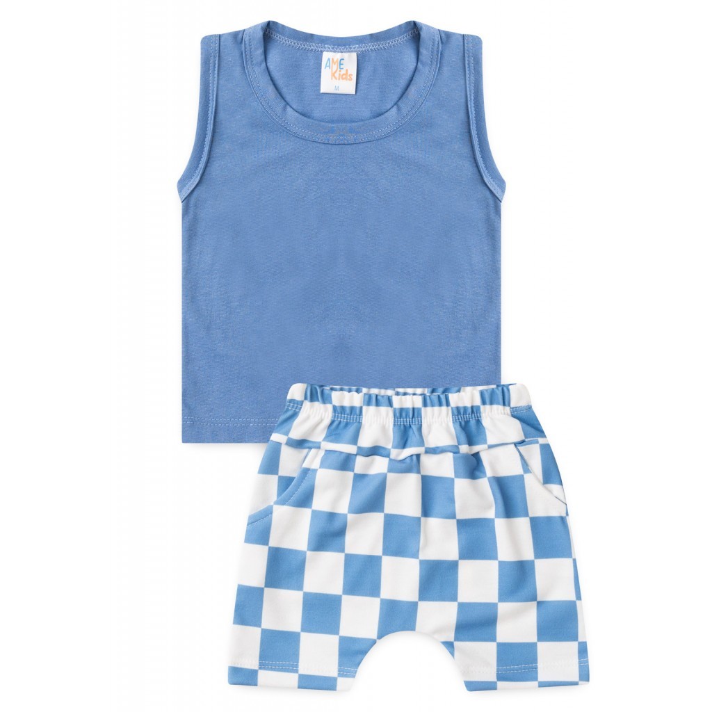 Conjunto Infantil Verão  Menino  Regata Azul e Short Xadrez