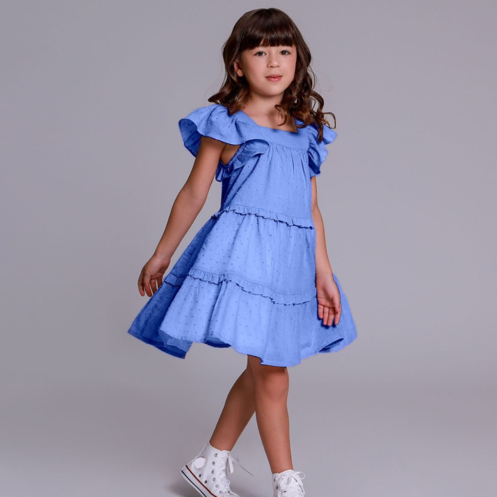 Roupa Infantil Menina Algodão Vestido Azul Verão Moda Feminina Casual Festa Confortável Criança