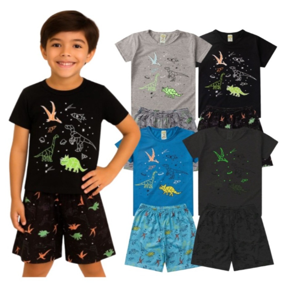 Pijama Infantil Masculino Verão Dinossauros - Hey Kids - Azul Claro BRILHA NO ESCURO