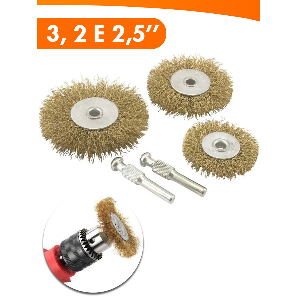 Kit Jogo De Escova De Aço Circular Rotativa Lixa Para Furadeira 3 Tamanhos
