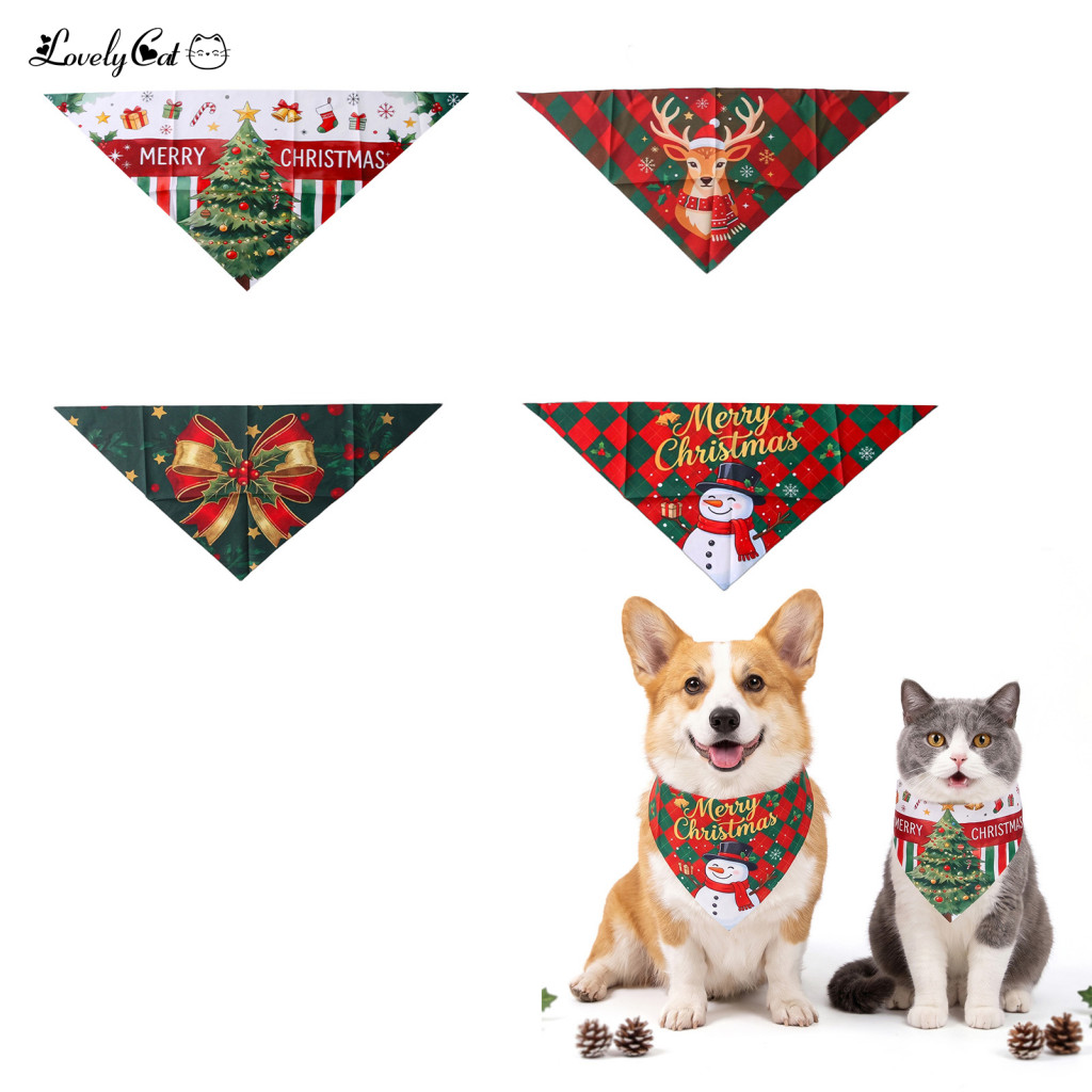 Cute Snowman Dog Accessories Christmas Bandana Adjustable Pet Scarf with and Tree Patterns Triangular Bib for Small Medi