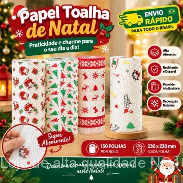 Toalha de papel decorativa para o Natal, com estampas divertidas de Papai Noel, árvores e figuras natalinas 9T5Q