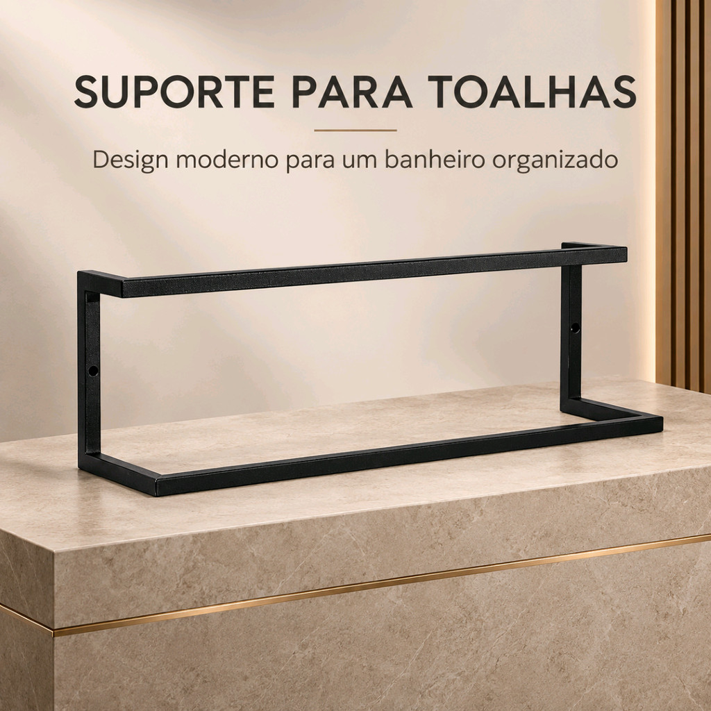 Porta Toalha Duplo Lia 60cm em Aço Preto Toalheiro Industrial de Parede para Banheiro e Lavabo