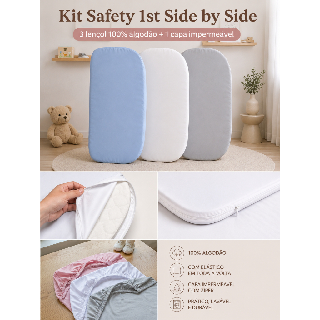 Kit Safety 1st Side by Side - 3 lençol 100% algodão + 1 capa impermeável *LEIA A DESCRIÇÃO*