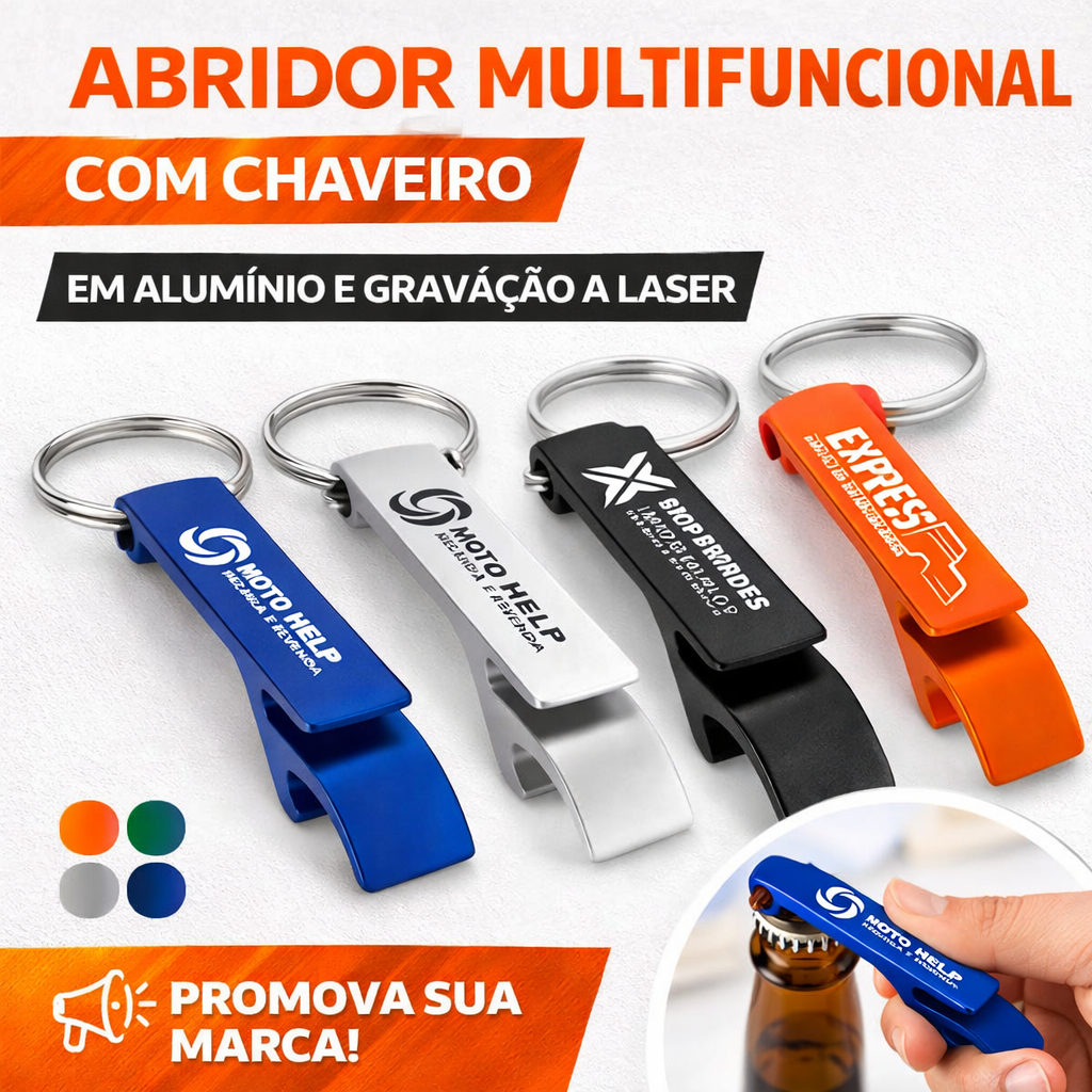 Abridor de Garrafa Multifuncional com Chaveiro em Alumínio Gravação a Laser Várias Cores