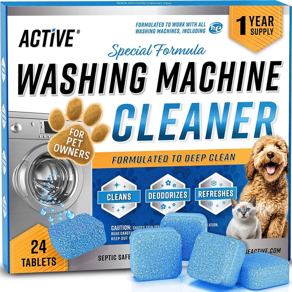 ACTIVE Washing Machine Cleaner for Pet Owners Enzymatic Deep Clean Descaler for Cat & Dog Hair, Urine, Odor, Residue, 24