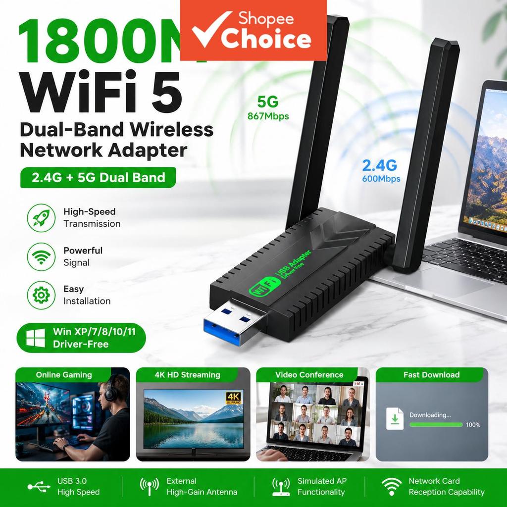 Adaptador USB 3.0 Wi-Fi 5 de Banda Dupla 1800M com Antena de Alto Ganho, sem necessidade de driver, receptor Wi-Fi para