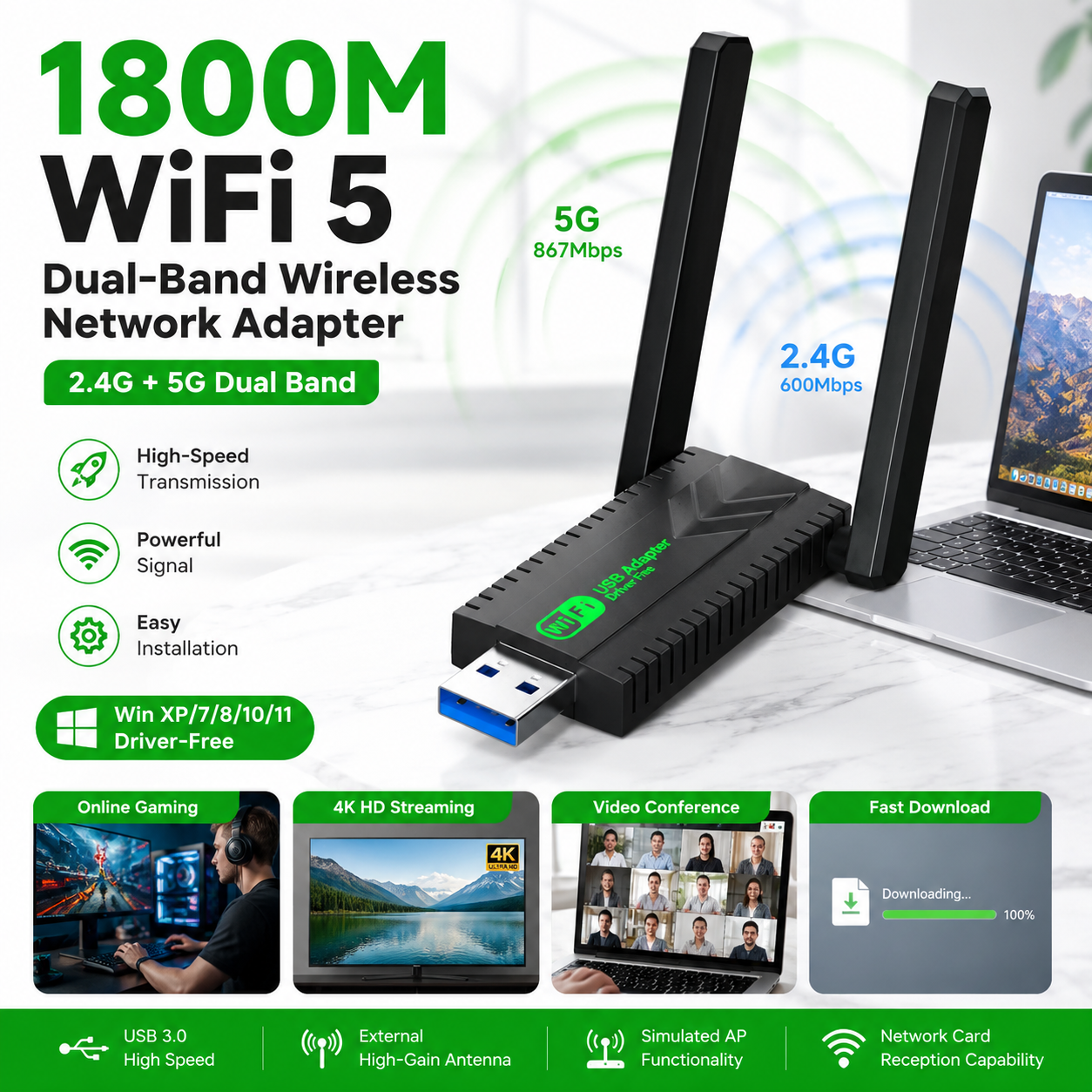 Adaptador USB 3.0 de Banda Dupla WiFi 5 1800M, Antena de Alta Ganho, Driver Livre, Receptor WiFi para Jogos, Desktop,