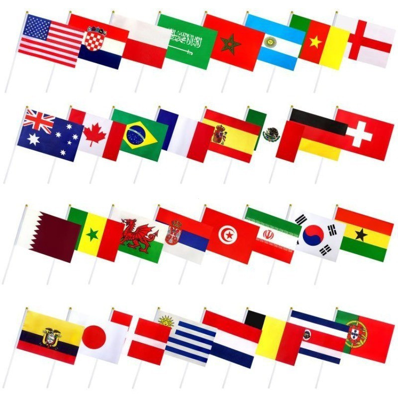10pcs Hand Held Flag with Pole 14*21CM 62 Países Copa Do Mundo Cheer Os Jogos Olímpicos Da Seleção Nacional Nações Unida