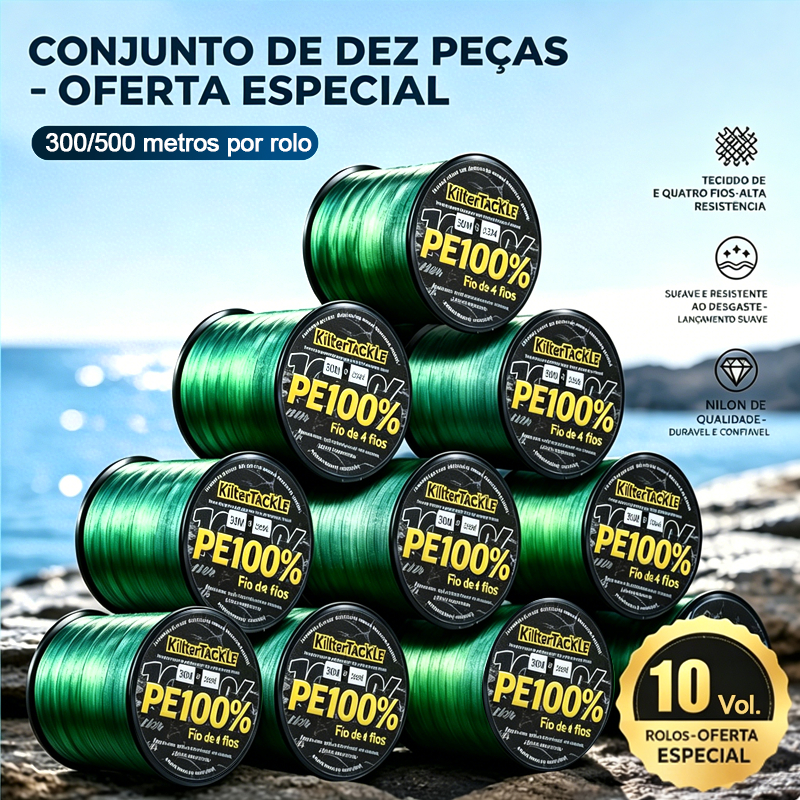 Kit 10 Bobinas Linha Multifilamento PE 4 Fios 300/500M Alta Resistência Anti-Desgaste Pesca Mar e Água Doce