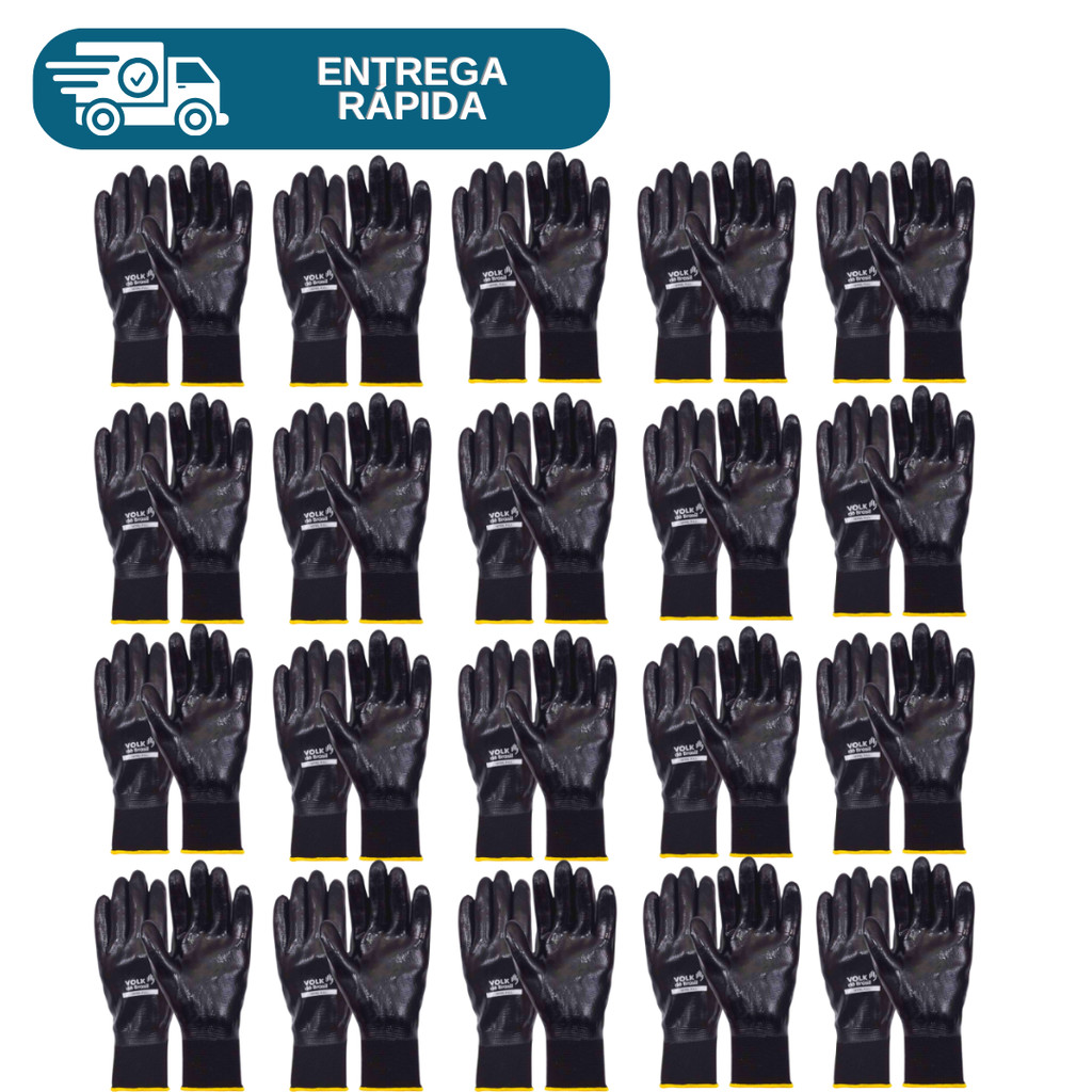 Kit 20 Prs Luva Nitril Full Banho Nitrílico Preto Impermeável Óleo Multitato Volk Proteção Nitrilica
