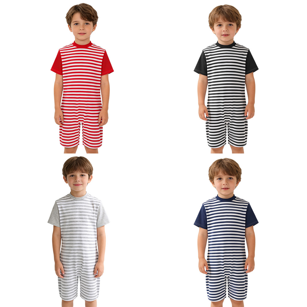 inhzoy Kids Boys Girls Special Needs Adaptive Clothing Short Sleeve Anti-Strip Invisible Zipper Back Striped Jumpsuit