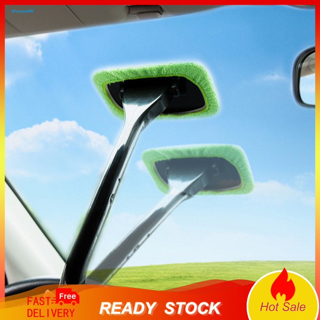 Windshield Stick Washer Brush Car Wiper Fog Cleaner 16-inch Long Window Wand with 6 Reusable Microfiber Pads for Auto Gl